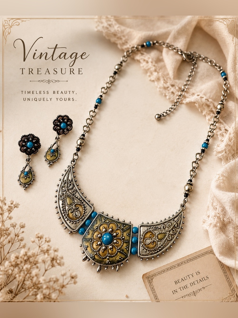 VTG Statement Necklace & Earrings Set Silver Tone Turquoise Blue Floral Bib